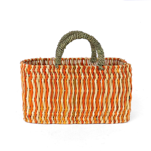 ストロー横長カゴ S ドームハンドル 柄4 オレンジ