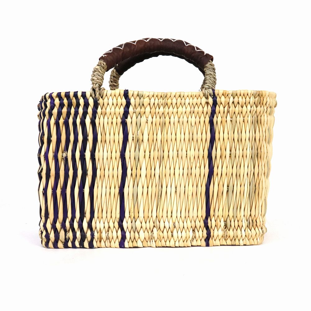 ストロー四角カゴ革ハンドル 小 柄1黒