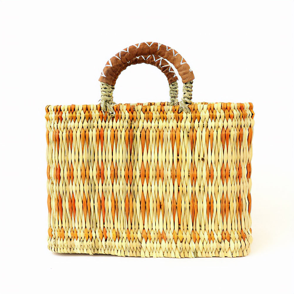 ストロー四角カゴ S ドームハンドル 柄3 黄 薄茶革ハンドル