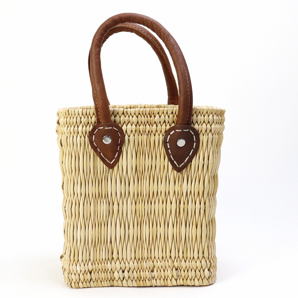 ストロー縦長カゴ 小 革カシメハンドル 薄茶