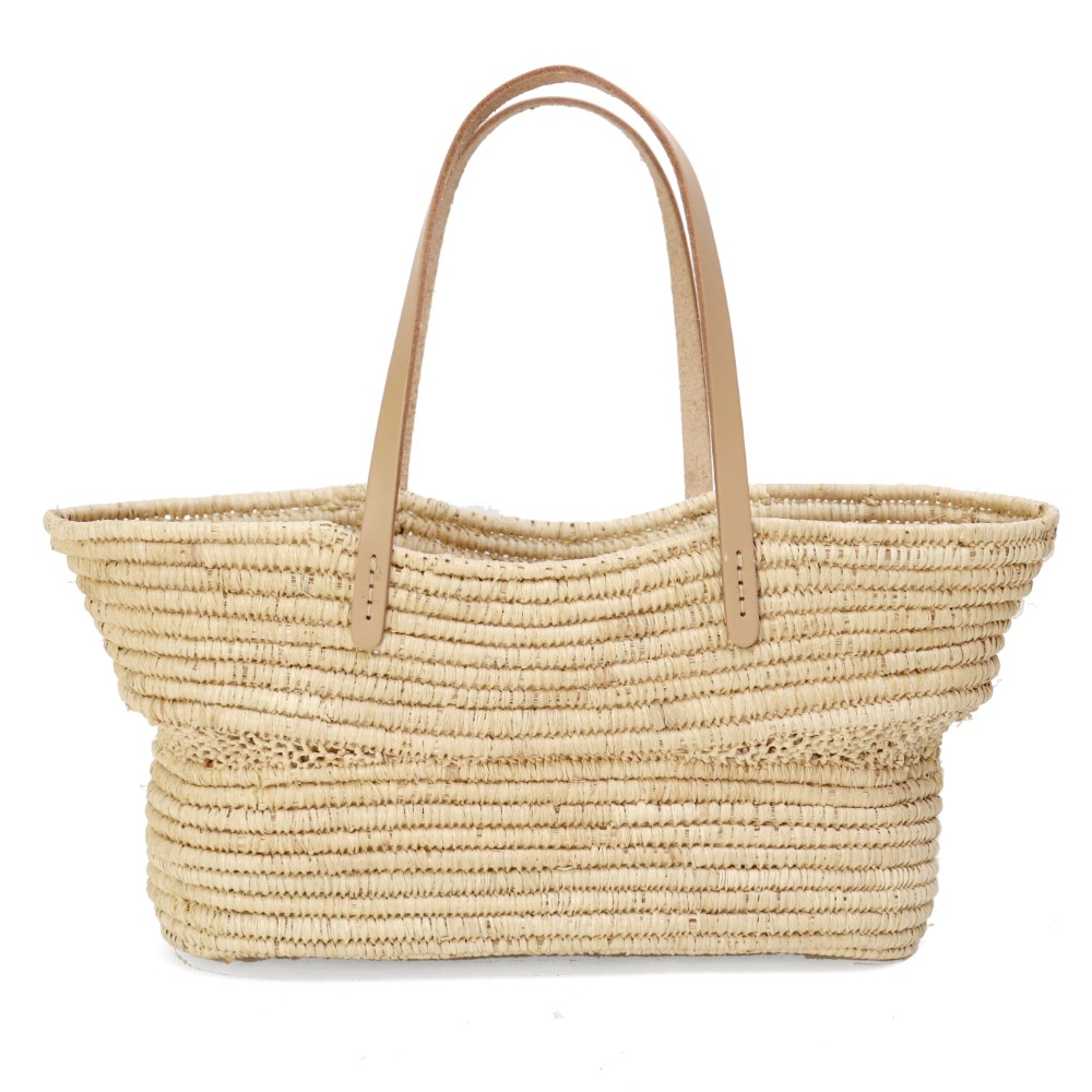 ラフィア楕円底透かしミニカゴ　平細革ハンドル ヌメ革