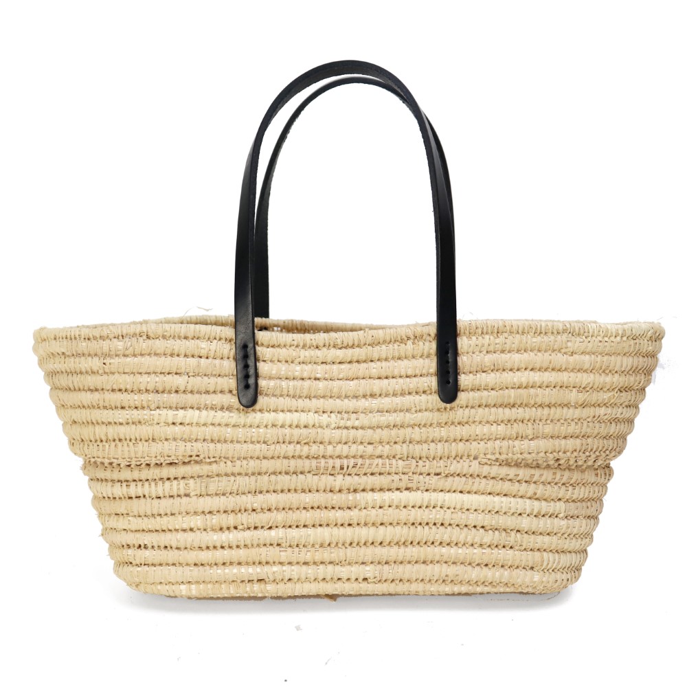 ラフィア楕円底透かしミニカゴ　平細革ハンドル 黒