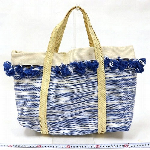 織布ポンポン付きバッグ 椰子ブレードハンドル 青 20SS一点 @11000→8800円