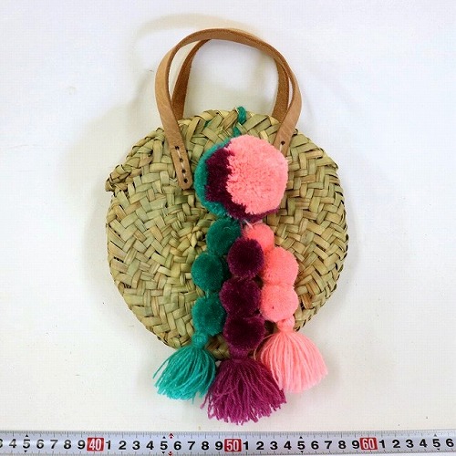 丸ミニカゴ マルチポンポンタッセルペールピンクフシアエメラルド革ハンドル 20SS一点 @5300→4240円