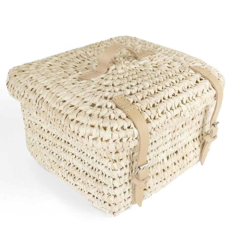 パーム蓋付き四角カゴ 革ハンドル 大