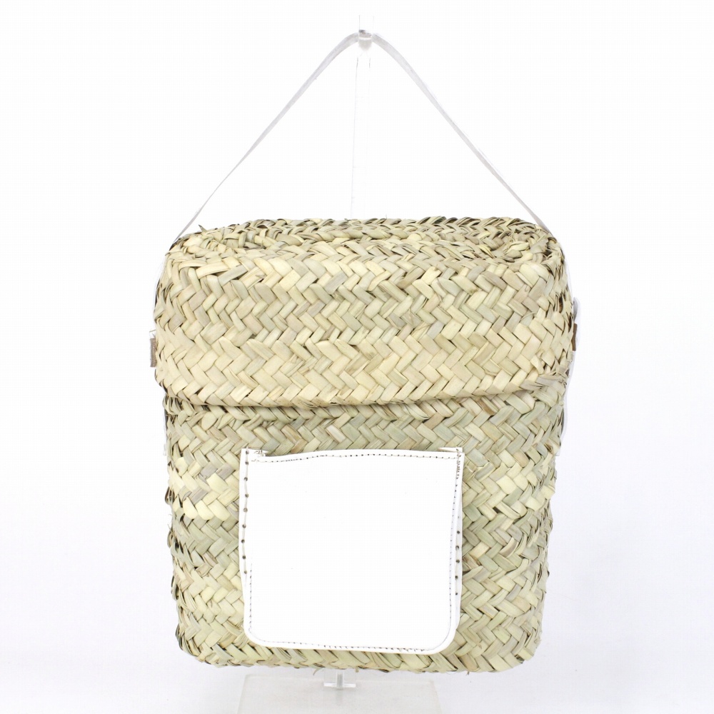 四角縦長カゴ 蓋付き 革ポシェット ワンハンドル 大 白革 23SS一点物 @8000→6400円