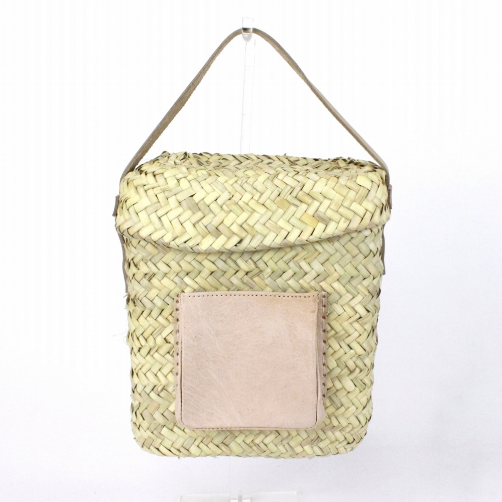 四角縦長カゴ 蓋付き 革ポシェット ワンハンドル 大 ナチュラル革 23SS一点物 @8000→6400円