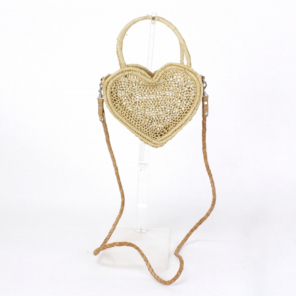 ラフィアハートミニポシェット ドームハンドル 革ショルダー ナチュラル革