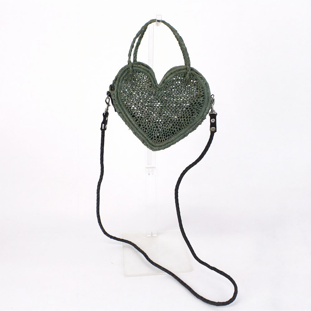 ラフィアハートミニポシェット ドームハンドル 革ショルダー グレー革 23SS一点物 @7500→6000円