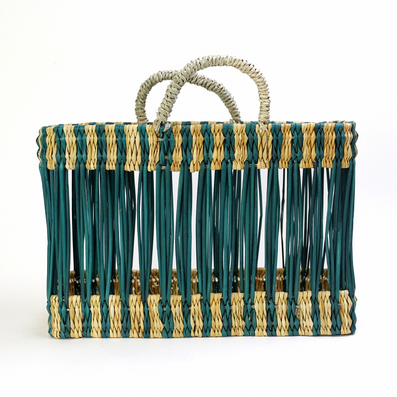 縦透かしストローカゴ 大 ボーダー 緑