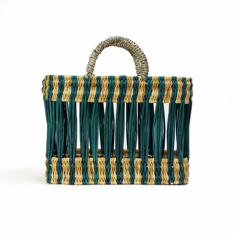 縦透かしストローカゴ 小 ボーダー 緑