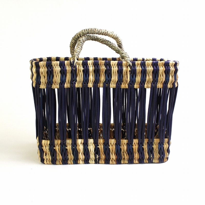 縦透かしストローカゴ 小 ボーダー 紺