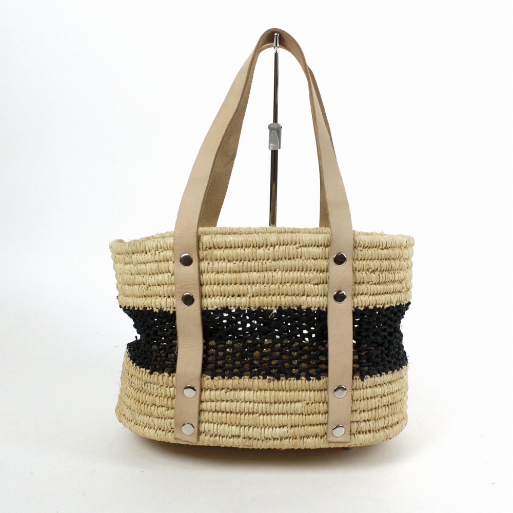 ラフィア楕円底 黒透かし ナチュラル革ハンドル 24SS一点物 @13000→10400