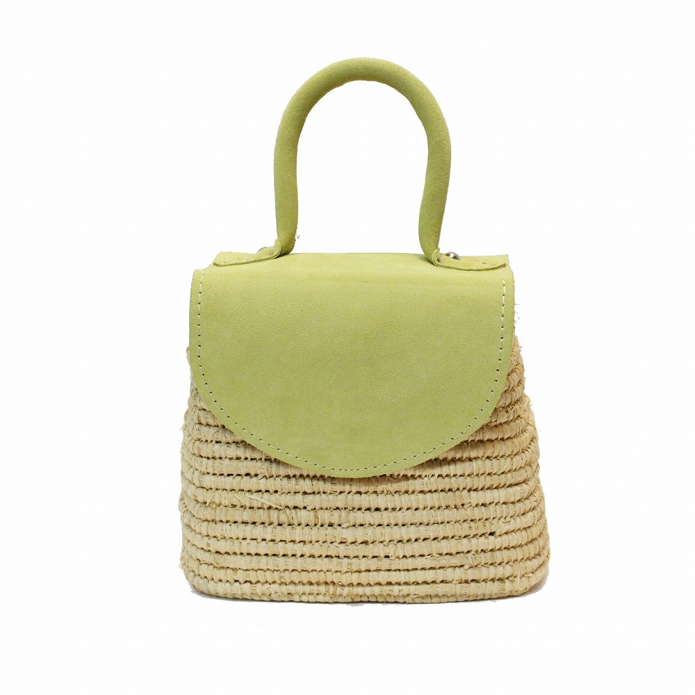 ラフィアハンドバッグ スエード革フラップ ペールグリーン 24SS一点物 @15000→12000