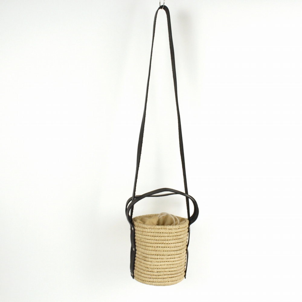 ラフィア丸底 2Wayショルダーバッグ 巾着付 黒革 24SS一点物 @12500→10000