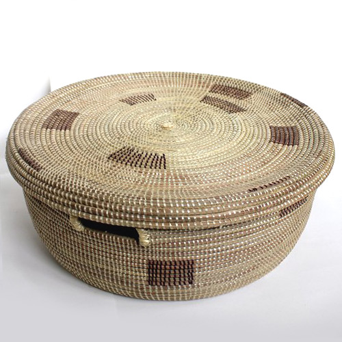 セネガルカゴ 蓋付 L 径55cm H27cm  アイボリーx茶四角
