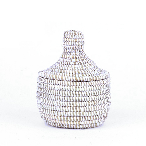 セネガルカゴ 小物入れ蓋付 L 径16 H18 単色白