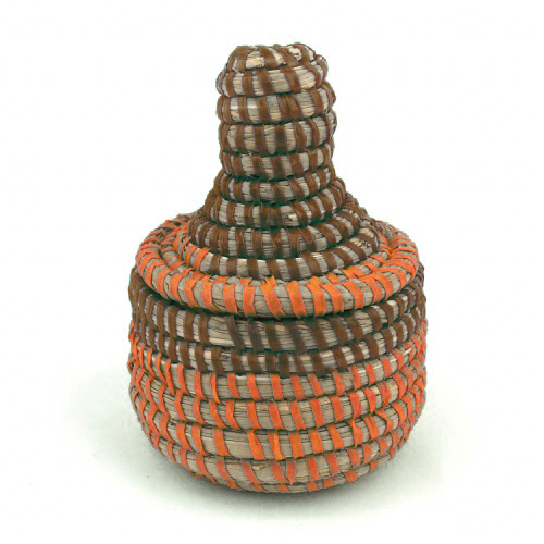 セネガルかご 小物入れふた付 S 径6 H12 焦げ茶オレンジ
