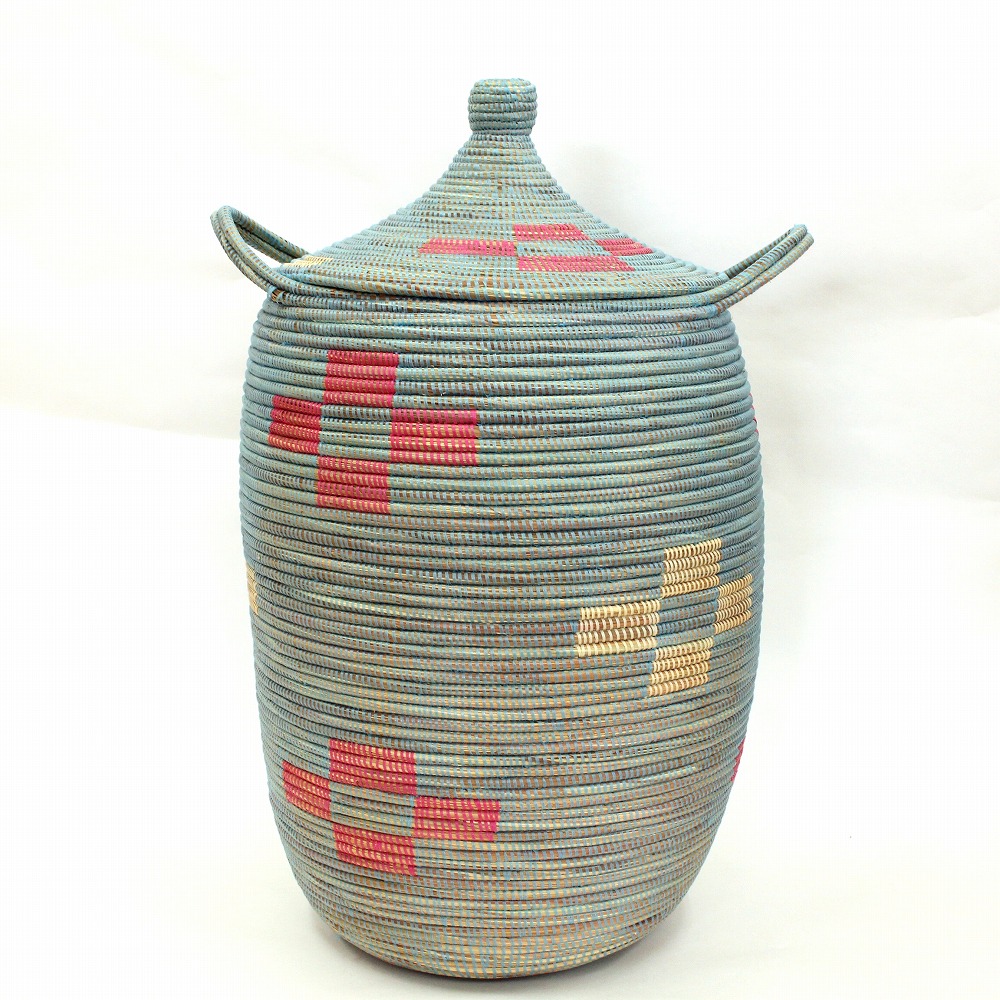セネガルカゴ 蓋つき 2ハンドル付き ブロック花柄 大　サックス 18SS一点 @17500→14000