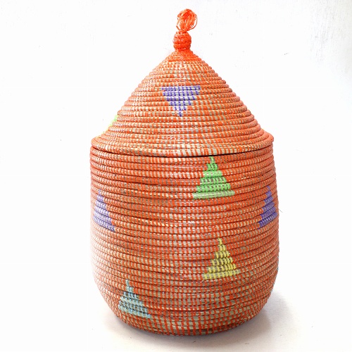 セネガルかご 蓋つき とんがり 三角柄 大 オレンジ