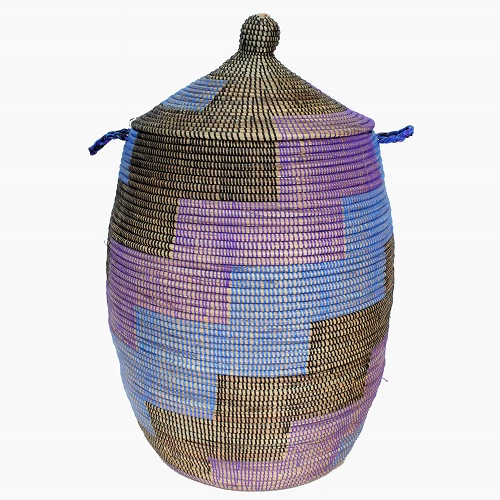 セネガルかご 蓋つき 階段柄 中 黒紫青
