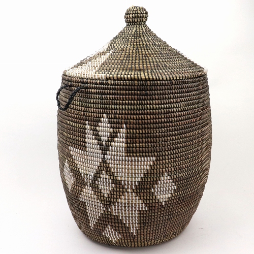 セネガルカゴ 蓋付き 幾何学柄 黒白 大