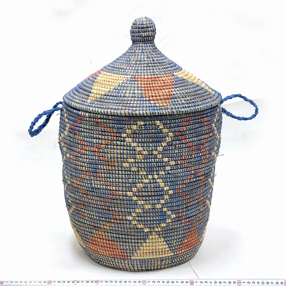 セネガルカゴ ふた付き 格子三角模様 青アイボリーレンガ 19SS一点 @13500→10800