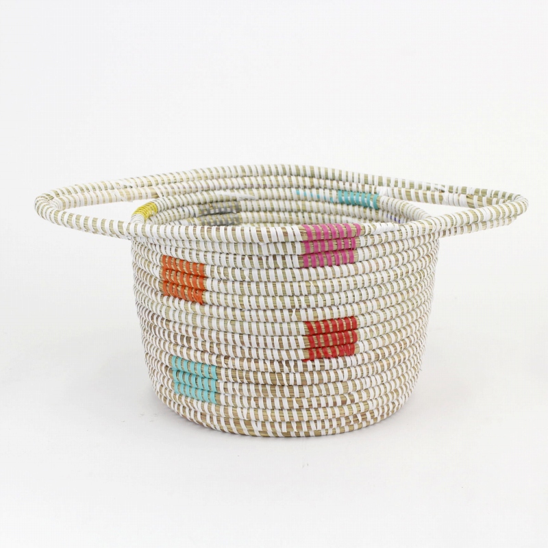 セネガル筒カゴ 2ハンドル付き 四角模様