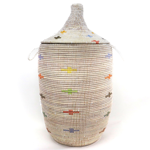 セネガルカゴ 蓋付き 十字模様 白マルチ