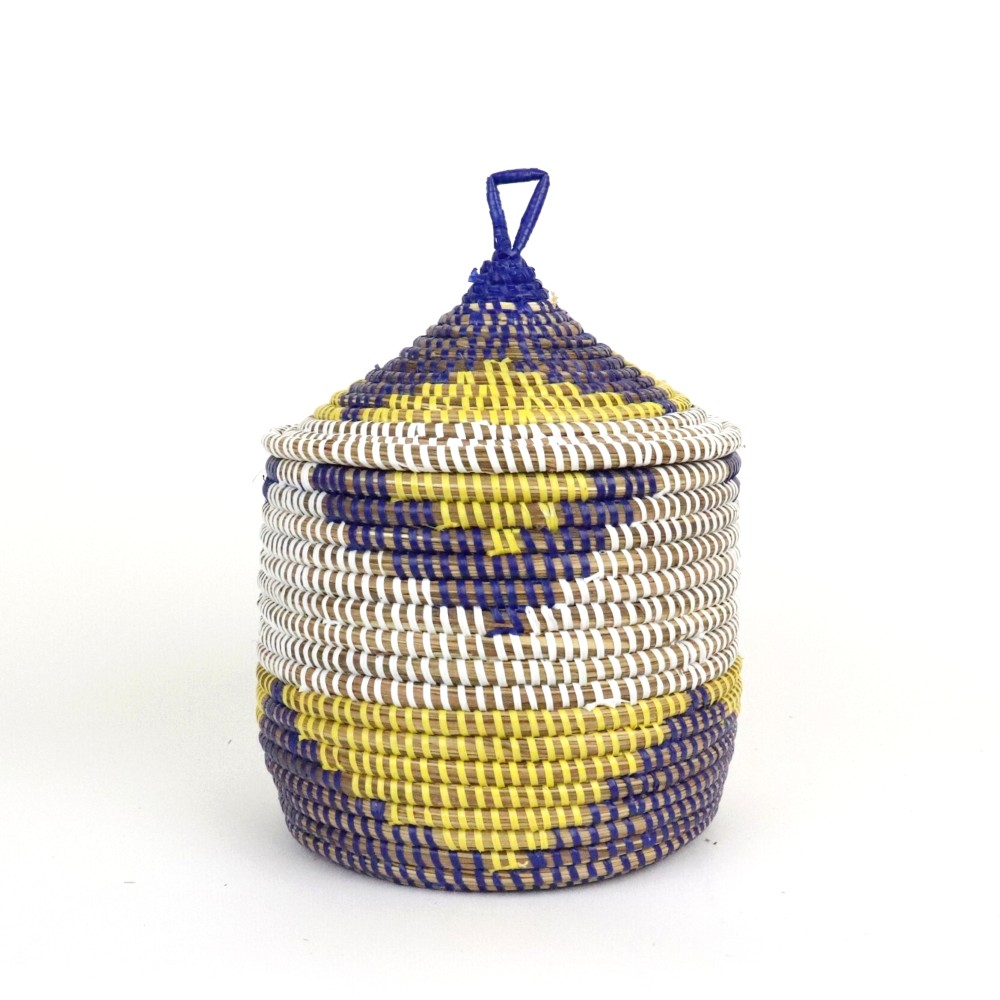 セネガルカゴ とんがり蓋付き ジグザグ三角柄 小 紺