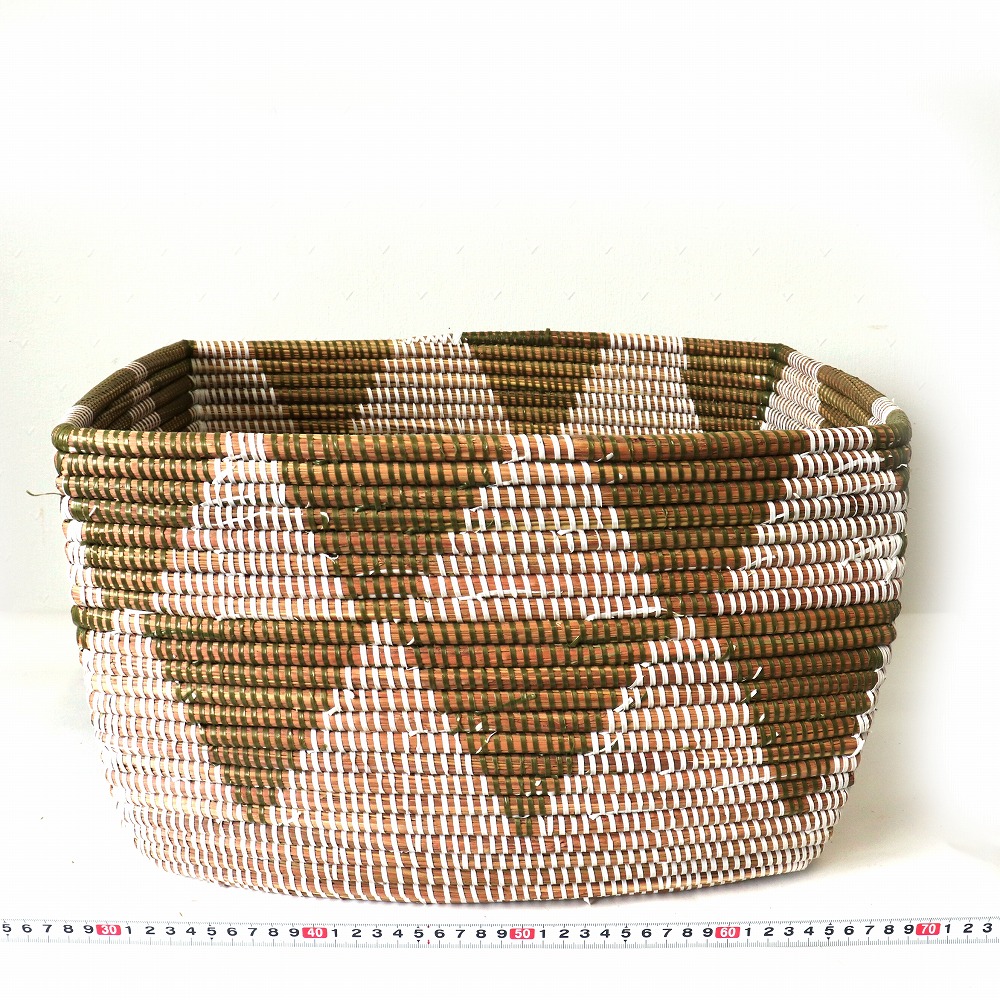 セネガルカゴ 四角 三角段々柄 大 白オリーブ 20SS一点 @12000→9600