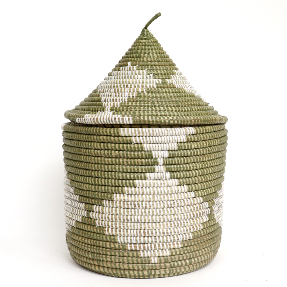 セネガル とんがりふた付きカゴ ダイヤ柄 モスグリーン白 大