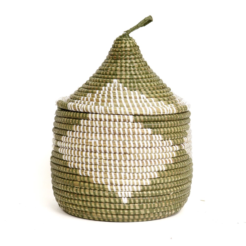 セネガル とんがりふた付きカゴ ダイヤ柄 モスグリーン白 小