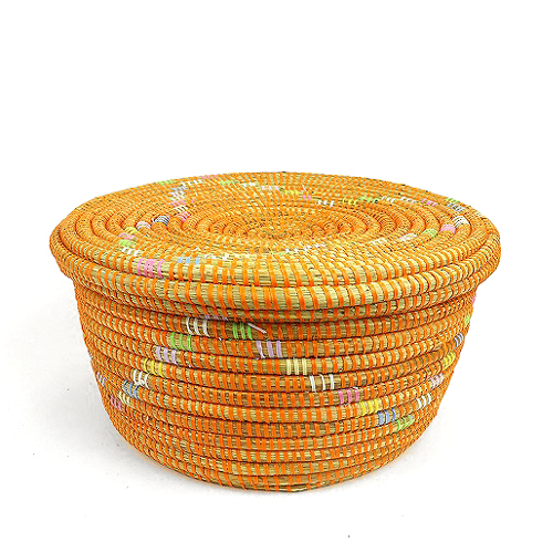 セネガル ぺったり蓋付きカゴ マルチダイヤ柄 ターメリック 小