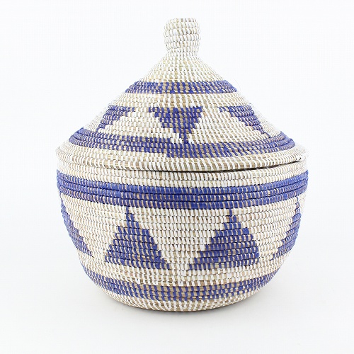 セネガル 蓋付きカゴ 三角柄 白紺 大