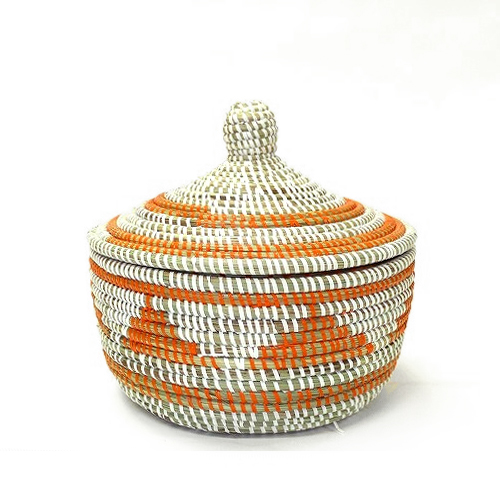 セネガル 蓋付きカゴ 三角柄 白オレンジ 小