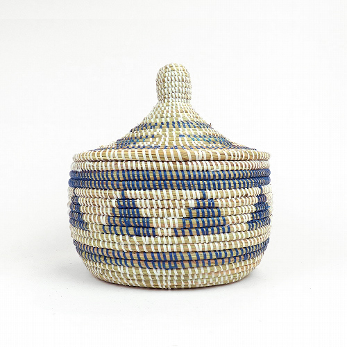 セネガル 蓋付きカゴ 三角柄 白紺 小