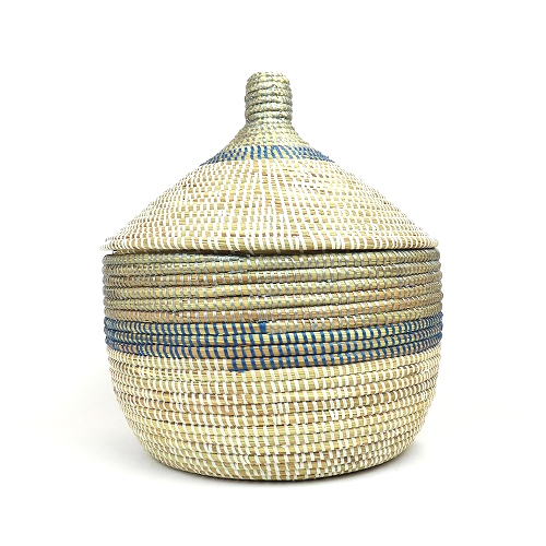 セネガル 蓋付きカゴ 三色ボーダー 白グレー紺 大
