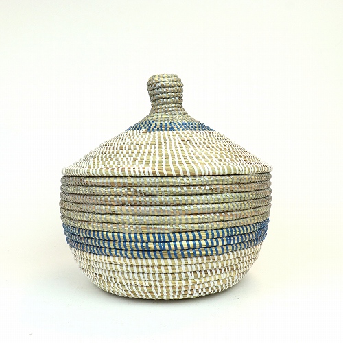 セネガル 蓋付きカゴ 三色ボーダー 白グレー紺 小