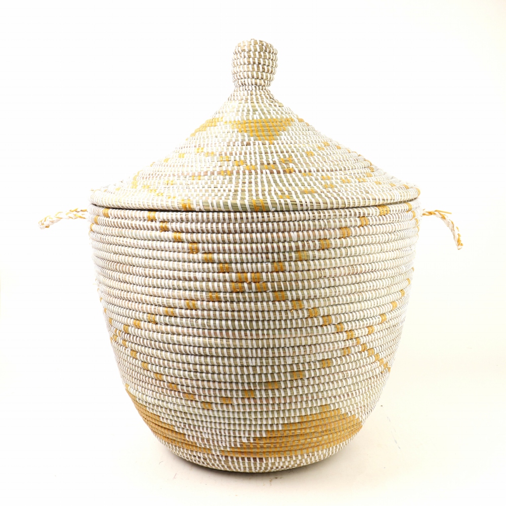 セネガル 蓋付きカゴ 三角ダイヤ柄 白キャメル 大