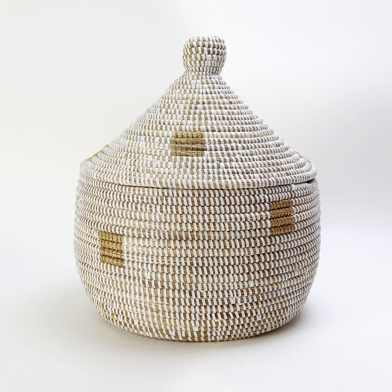 セネガル 蓋付きカゴ ラメ糸四角モチーフ 白ゴールド 大