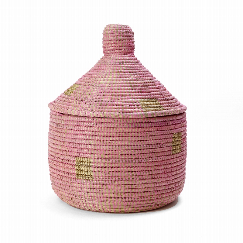 セネガル 蓋付きカゴ ラメ糸四角モチーフ ペールピンクゴールド 大