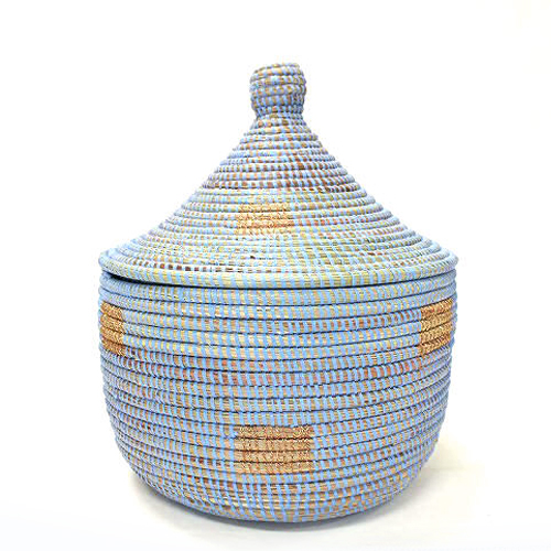 セネガル 蓋付きカゴ ラメ糸四角モチーフ サックスゴールド 大