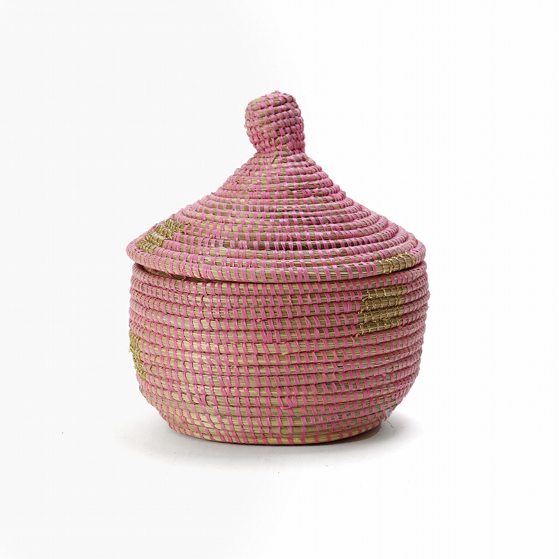 セネガル 蓋付きカゴ ラメ糸四角モチーフ ペールピンクゴールド 小