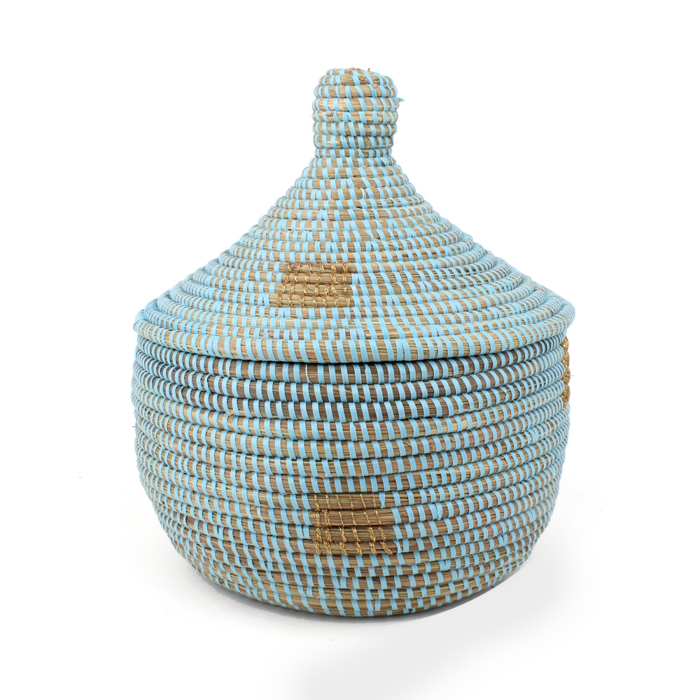 セネガル 蓋付きカゴ ラメ糸四角モチーフ サックスゴールド 小