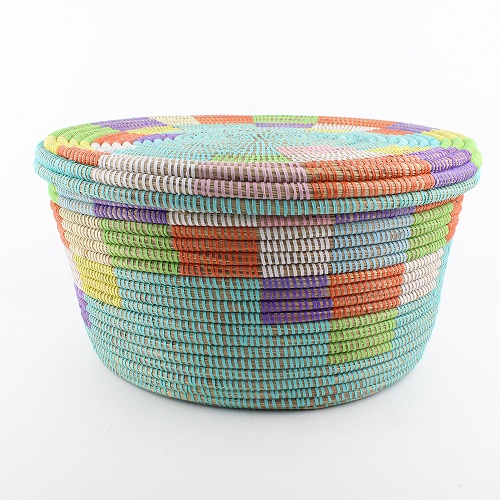 セネガル 蓋付き筒型カゴ ターコマルチカラー 大