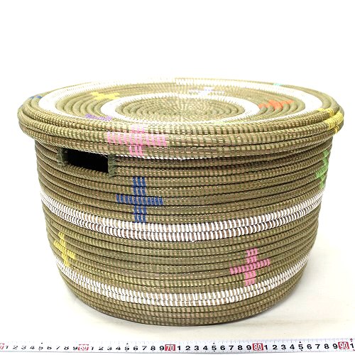 セネガル 蓋付き筒型カゴ ストライプ十字モチーフ オリーブマルチカラー 大 21SS一点 @12500→10000