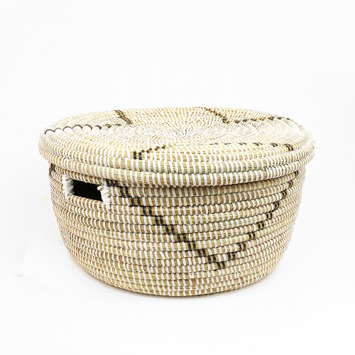 セネガル 蓋付き筒型カゴ クロスモチーフ 白黒 中