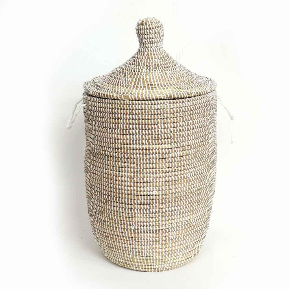 セネガル 蓋付きカゴ 単色 白 H50