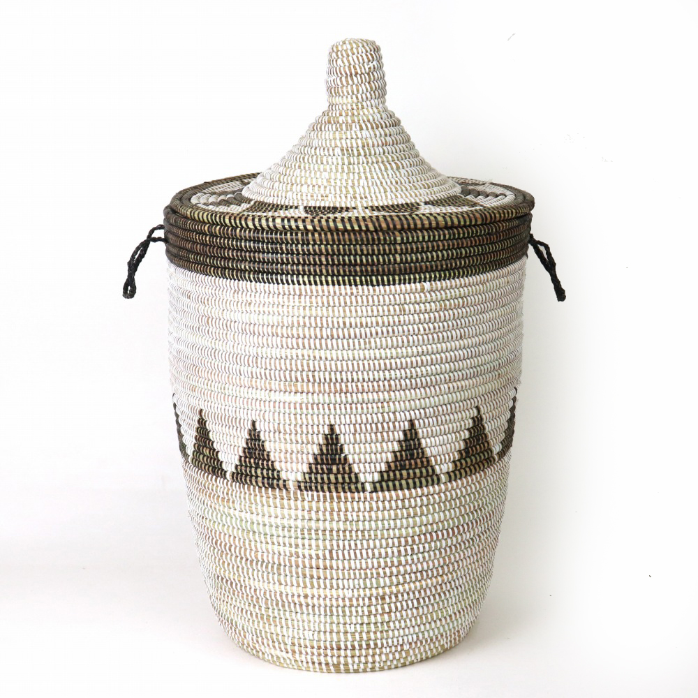 セネガル蓋付きカゴ 山柄 大 白黒